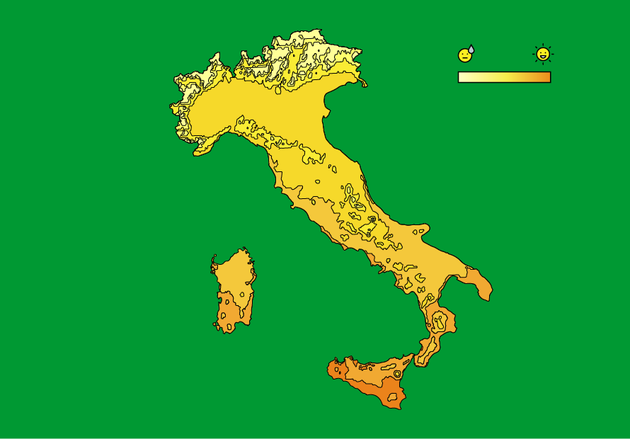 mappa infografica con l'indicazione della radiazione solare media nelle regioni d'Italia