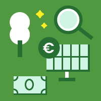 simbolo di un terreno con un pannello fotovoltaico vicino una banconota e albero e una lente di ingrandimento